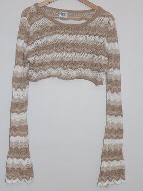 Princess Polly Open Knit Crochet Crop Sweater - Tan/White - Size US 6